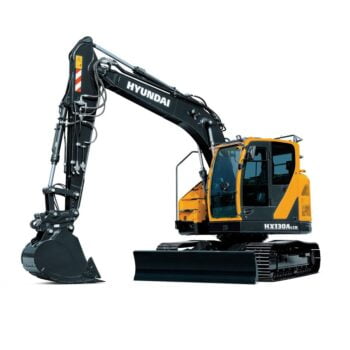 Hyundai HX130A LCR compact excavator stationary on a white background