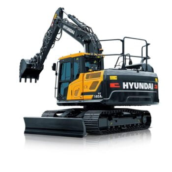 Hyundai HX140A L compact excavator stationary on a white background