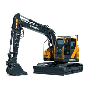 Hyundai HX145A LCR compact excavator stationary on a white background