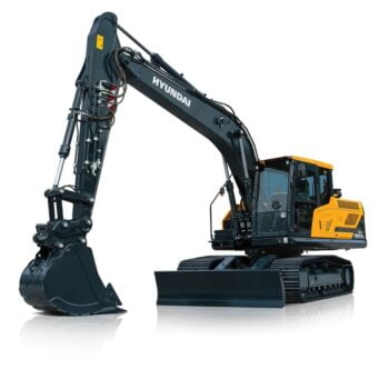 Hyundai HX180A L compact excavator stationary on a white background