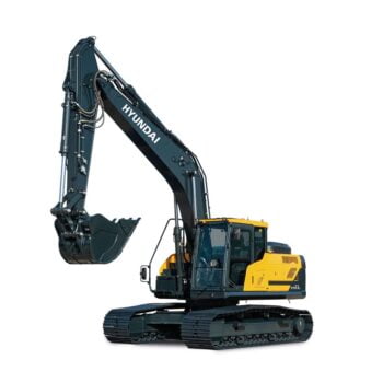 Hyundai HX210A L compact excavator stationary on a white background