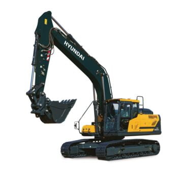 Hyundai HX260AL compact excavator stationary on a white background