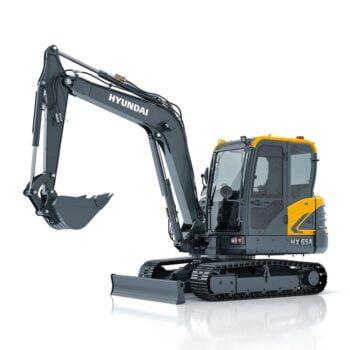Hyundai HX65A compact excavator stationary on a white background