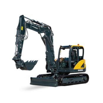 Hyundai HX85A compact excavator stationary on a white background